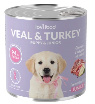 Lovi Food Junior & Puppy Veal & Turkey - mokra karma dla szczeniaka i juniora, z cielęciną, indykiem i gruszką 800g