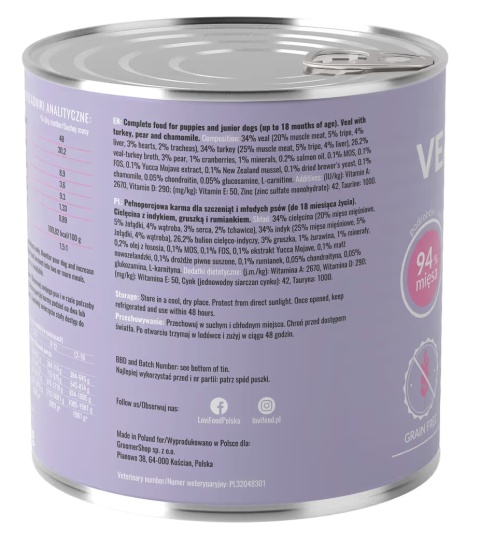 Lovi Food Junior & Puppy Veal & Turkey - mokra karma dla szczeniaka i juniora, z cielęciną, indykiem i gruszką 800g