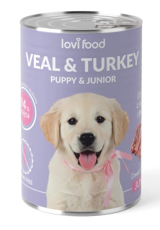 Lovi Food Junior & Puppy Veal & Turkey - mokra karma dla szczeniaka i juniora, z cielęciną, indykiem i gruszką 400g