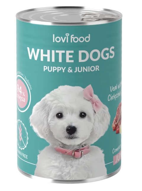 Lovi Food White Dogs Junior & Puppy Veal & Banana - mokra karma dla szczeniaka , dla białych ras, z cielęciną i bananem 400g