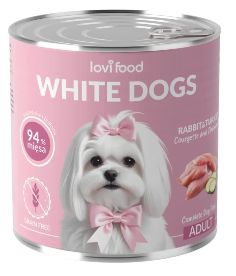 Lovi Food White Dogs Rabbit & Turkey - mokra karma dla białych psów, królik z indykiem, cukinią i rumiankiem 800g