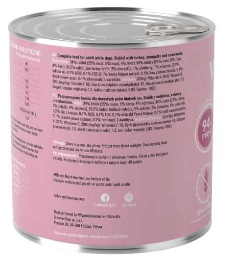 Lovi Food White Dogs Rabbit & Turkey - mokra karma dla białych psów, królik z indykiem, cukinią i rumiankiem 800g