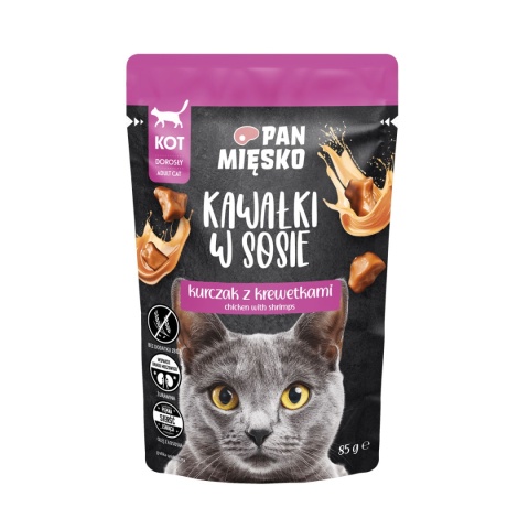 Pan Mięsko Karma mokra dla kota Kawałki w sosie Kurczak z krewetkami (dorosły) 85g