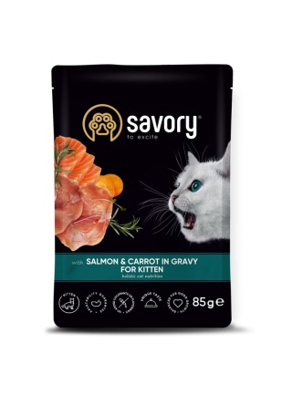 Savory Cat Pouch – mokra karma dla kociąt z łososiem i marchewką w sosie 85g