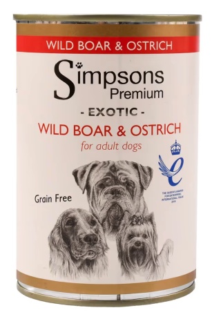 Simpsons Premium Wild Boar & Ostrich Casserole -mokra karma dla psa, z mięsem dzika, strusiem i eko warzywami, bez zbóż 400g