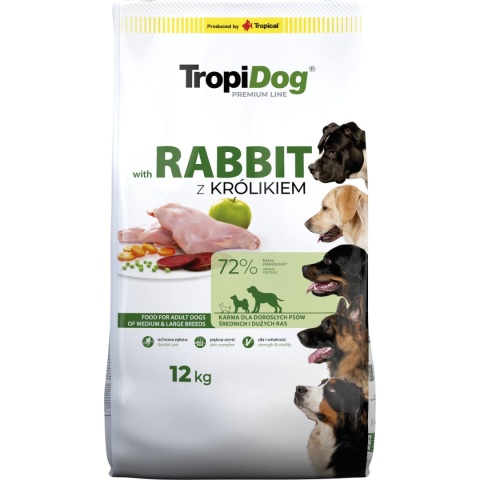 TropiDog Premium Karma sucha dla psów dorosłych z Królikiem ADULT M&L RABBIT&RICE 12KG