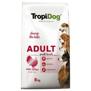 TropiDog Premium Karma sucha dla psów dorosłych małych ras z Indykiem PREMIUM ADULT S TURKEY&RICE 8KG