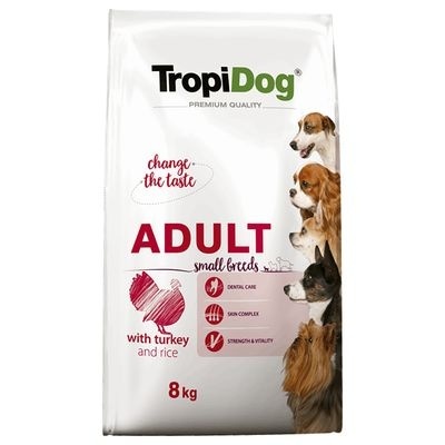 TropiDog Premium Karma sucha dla psów dorosłych małych ras z Indykiem PREMIUM ADULT S TURKEY&RICE 8KG