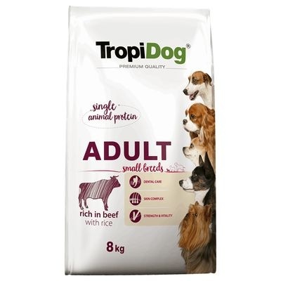 TropiDog Premium Karma sucha dla psów dorosłych małych ras z wołowiną PREMIUM ADULT S BEEF&RICE 8KG