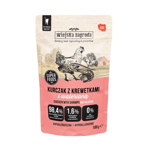 Wiejska Zagroda Karma mokra dla kota Kurczak z krewetkami i walerianą (dorosły) 100g