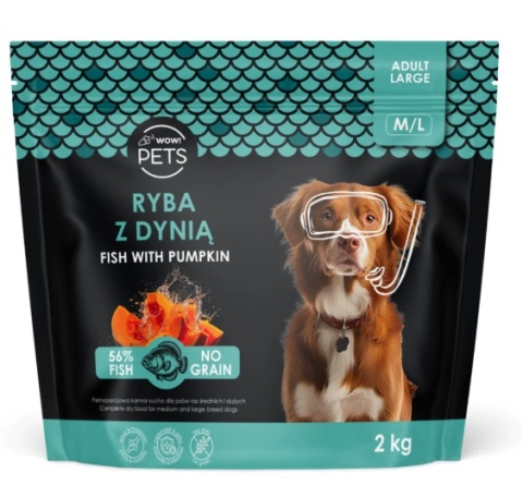 Wow Pets Karma sucha RYBA Z DYNIĄ M/L dla dorosłych psów ras średnich i dużych – 2 kg