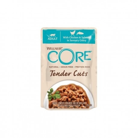 Wellness Core Tender Cuts, karma mokra, dla dorosłych kotów, kurczak i łosoś w sosie, 85 g, saszetka