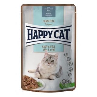 Happy Cat Meat in Sauce Sensitive Haut & Fell – mokra karma dla kotów dorosłych, kurczak i łosoś, 85 g, saszetka