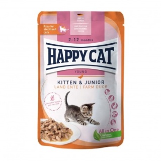 Happy Cat Kitten & Junior Farm Duck – mokra karma dla kociąt (2–12 mies.), kaczka, 85 g, saszetka
