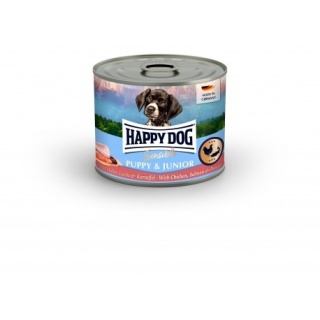 Happy Dog Sensible Puppy & Junior – mokra karma dla szczeniąt i młodych psów, kurczak, łosoś i ziemniaki, 200 g puszka