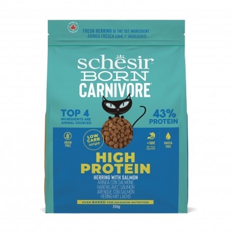 Schesir Born Carnivore – Karma sucha dla kotów dorosłych, Śledź i Łosoś, 255 g