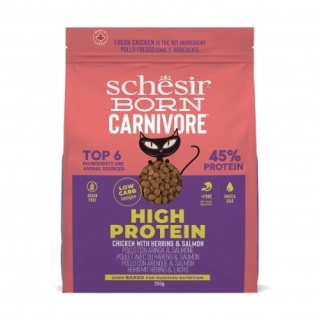 Schesir Born Carnivore – Karma sucha dla kotów dorosłych, Kurczak i Śledź z Łososiem, 255 g