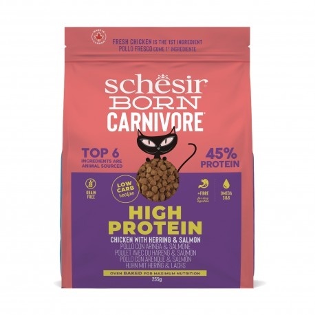 Schesir Born Carnivore – Karma sucha dla kotów dorosłych, Kurczak i Śledź z Łososiem, 255 g