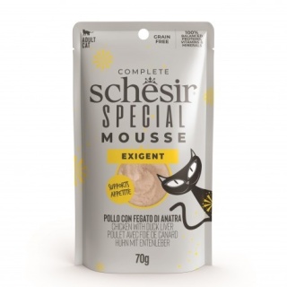 Schesir Special Exigent – Mus z kurczaka z wątróbką kaczą i jajkiem, 70 g (saszetka)