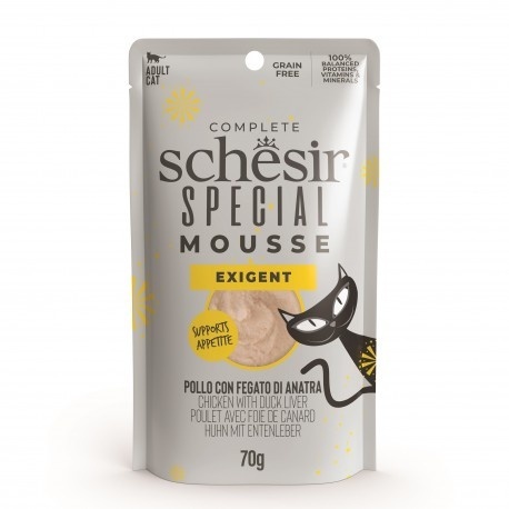 Schesir Special Exigent – Mus z kurczaka z wątróbką kaczą i jajkiem, 70 g (saszetka)