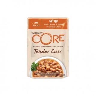 Wellness Core Tender Cuts, karma mokra, dla dorosłych kotów, kurczak i indyk w sosie, 85 g, saszetka