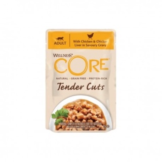 Wellness Core Tender Cuts, karma mokra, dla dorosłych kotów, kurczak i wątróbka w sosie, 85 g, saszetka