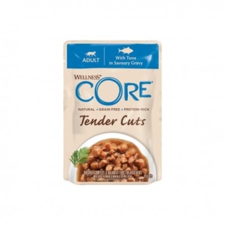 Wellness Core Tender Cuts, karma mokra, dla dorosłych kotów, tuńczyk w sosie, 85 g, saszetka