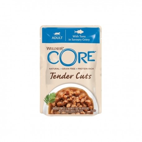 Wellness Core Tender Cuts, karma mokra, dla dorosłych kotów, tuńczyk w sosie, 85 g, saszetka