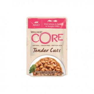 Wellness Core Tender Cuts, karma mokra, dla dorosłych kotów, łosoś i tuńczyk w sosie, 85 g, saszetka