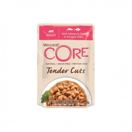 Wellness Core Tender Cuts, karma mokra, dla dorosłych kotów, łosoś i tuńczyk w sosie, 85 g, saszetka