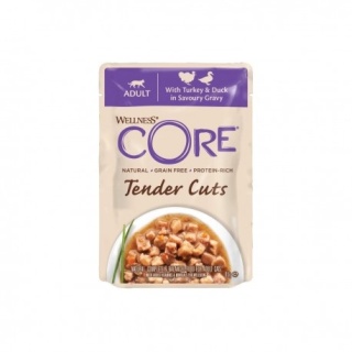 Wellness Core Tender Cuts, karma mokra, dla dorosłych kotów, indyk i kaczka w sosie, 85 g, saszetka